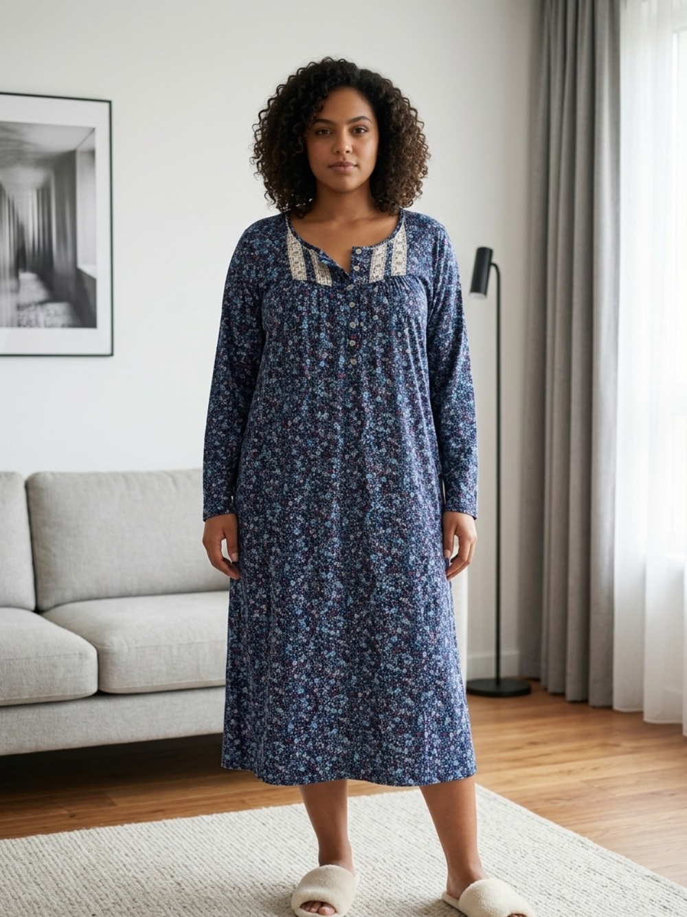 Secret Treasures Dk Blue Floral Nightgown w/Lace Accents Button-Front 4X(26Wx28)